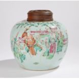 19th Century Chinese porcelain storage jar and cover, the associated turned and carved cover above