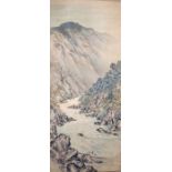 Chinese watercolour scroll, depicting three figures crossing a river with hills to the rear