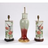 Pair of Chinese porcelain cylinder vases, now converted to lamps, together with another vase, (3)