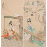 Two Chinese watercolours on silk, depicting a lady playing a guzheng type instrument beneath a