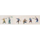 Three Chinese Qing dynasty pith paper paintings, depicting warriors in training with various