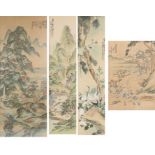Four Chinese pictures on silk, depicting landscape scenes, warriors, birds etc. All housed in
