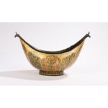 Early 20th century Persian brass kashkul bowl, with lacquer decoration of panels of foliage, open