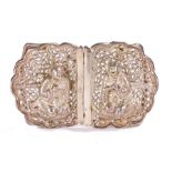 Early 20th Century Chinese silver buckle, the buckle with two raised seated figures on a pierced