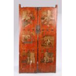 Pair of Chinese cabinet doors, painted with erotic scenes within each panel, 48.5cm x 181.5cm