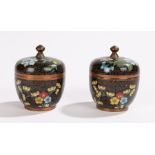 Two Chinese cloisonne pots and covers, in black ground with flower head design, 6.5cm high, (2)