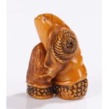 Japanese Meiji period ivory netsuke, of a snail crawling on bamboo, 4.2cm high