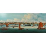 The Hongs of Canton with junks and a paddle steamer to the foreground, 20th century oil on canvas,