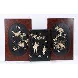 Three Chinese bone set panels, a pair with birds flying among trees and a signed panel, 37cm x 61cm,