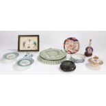 Victorian Chinese Celadon green stand, three lids a famille rose example, a famille vert example and