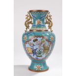 Chinese cloisonne enamel vase, with pierced dragon decorated handles, the bulbous scroll and foliate