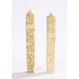Two Chinese Canton Tongzhi period ivory needle / bodkin cases, the cases profusely decorated with