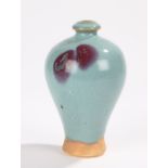 Junyao style pottery vase, the slender neck above a bulbous tapering body with copper red splashes