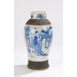 Chinese porcelain vase, in blue and crackle glaze showing a figural scene of people bringing flowers