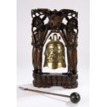 Republic of China era brass bell, the bell decorated with a dragon chasing a pearl, suspended on a