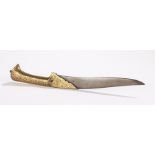 Indo-Persian Pesh-Kabz knife, decorated with gilt flower and leaf decoration to the handle and steel