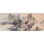 Pair of Chinese watercolours on silk depicting mountainous landscape scenes with trees, figures