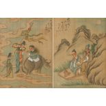 Two Chinese Republic pictures on silk depicting a boy on buffalo with attendants amongst clouds