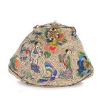 Chinese evening bag, with bead decorated gilt chain, enamel and bead decorated clasp and circular