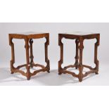 Pair of Chinese hardwood and marble stands, with an inset circular marble top within the square