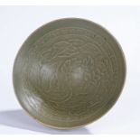 Chinese celadon bowl, with bird and foliate decoration, 15cm diameter