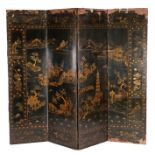 Chinese Qing dynasty four fold lacquered and gilt heightened floor screen, decorate with panels