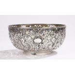 Chinese silver bowl, the body with pierced depiction of dragons chasing flaming pearls of wisdom