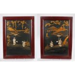 Chinese ebonised and gilt panels, with mother of pearl and ivory depictions of figures in