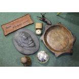 Bust of Verdi, spelter doe, WMF mounted glass biscuit barrel, wooden cased doorbell, oval metal