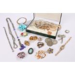 Jewellery, to include necklaces, a watch, coins, brooches, etc, (qty)