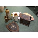Stoneware bottles, rosewood box, napkins and linen etc. (qty)