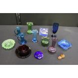 Coloured glassware to include trinket box, vases, dishes etc. (qty)