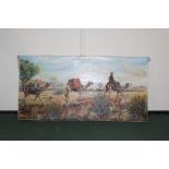 Oil on canvas by the artist Jan Wasilewski entitled 'Three Camels and a Man', 101 cm x 51 cm.(