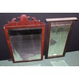 Mahogany framed mirror with bevelled plate and scroll decorated pediment, 35.5cm x 61cm, oak