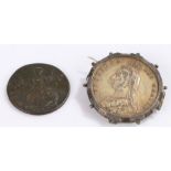 Victorian silver Crown 1887, mounted as a brooch, George III halfpenny 1771 (2)