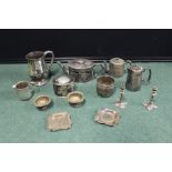 Plated ware to include Elkington teapot and caddy, quart measure, pair of candlesticks, teapot and