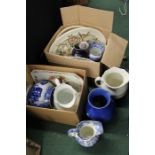 Pottery, to include blue and white plates, jugs, vase, meat dishes, also together with another