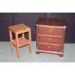 Mahogany veneered chest of three small drawers flanked by pilasters, raised on bracket feet, 55.