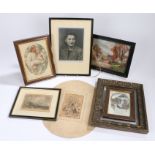 Pictures, to include a Victorian sketch by F Seabey 1898, prints, a photograph pencil signed etc, (