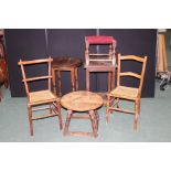 Furniture, to include an occasional table, a pair of caned chairs, a stool, another occasional table