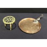 Pierced brass fender, copper and iron pan lid, brass trivet (3)