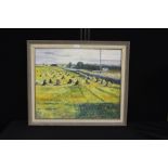 British 20th Century school, hay in a field, indistinctly signed oil on canvas, 60cm x 50cm