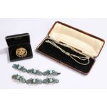 Three string synthetic pearl necklace in a case, two turquoise set bracelets, gilt pendant (4)
