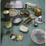 Plated, Copper, Brass and Pewter objects, tray, candlesticks and ornaments etc (qty).