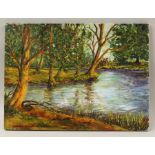 An oil painting by the artist Jan Wasilewski of trees by a riverbank, 60 cm x 45 cm,( After the