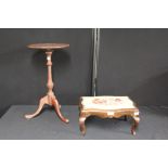 Victorian rosewood footstool, with floral tapestry top, on cabriole legs, fan marquetry inlaid
