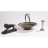 Spelter model of a lion, together with a silver plated basket and a vase, (3)