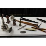 Mixed objects, to include a funnel, glove stretchers, figures, cut throat razor, etc, (qty)