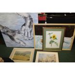Collection of oils, prints and watercolour, still life, town and village scenes, clasped hands, (5)