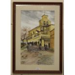 Watercolour by the artist Jan Wasilewski of people going to church at S.Estoban Gormaz, 30 cm x 48